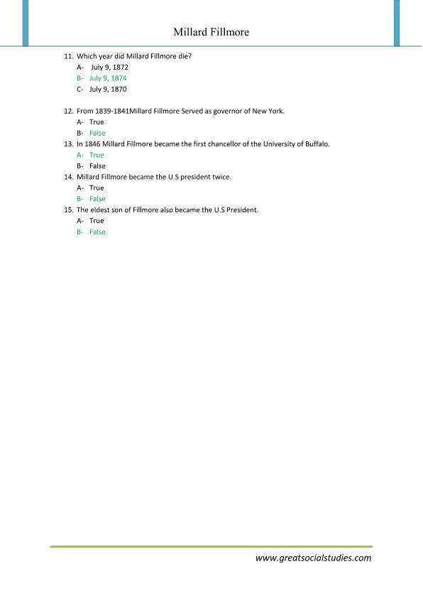 Millard Fillmore facts, Millard Fillmore biography, worksheet works